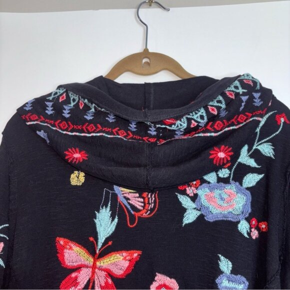 CAITE Embroidered Black Open Front Cardigan with Hood Boho Festival Style, Small - Picture 12 of 14